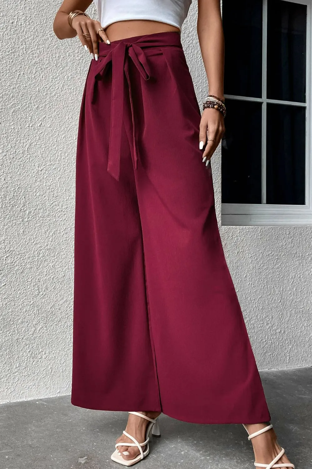 Belted Tie Front Wide Leg Pants