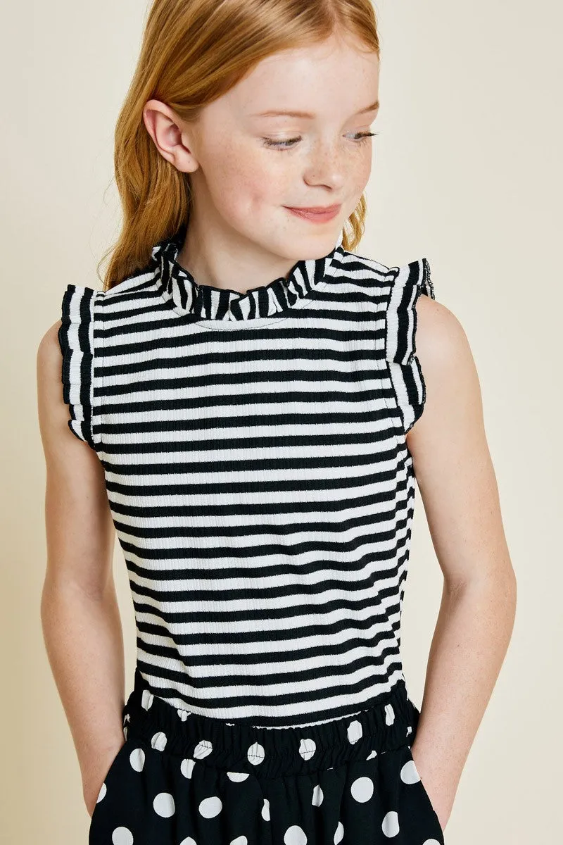 BLACK AND WHITE STRIPE RUFFLE TANK