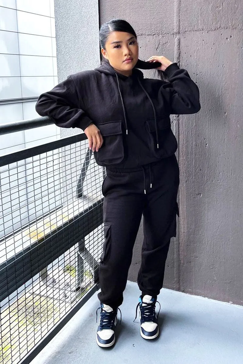 Black Cargo Pocket Hoodie and Joggers Tracksuit - Aafiya