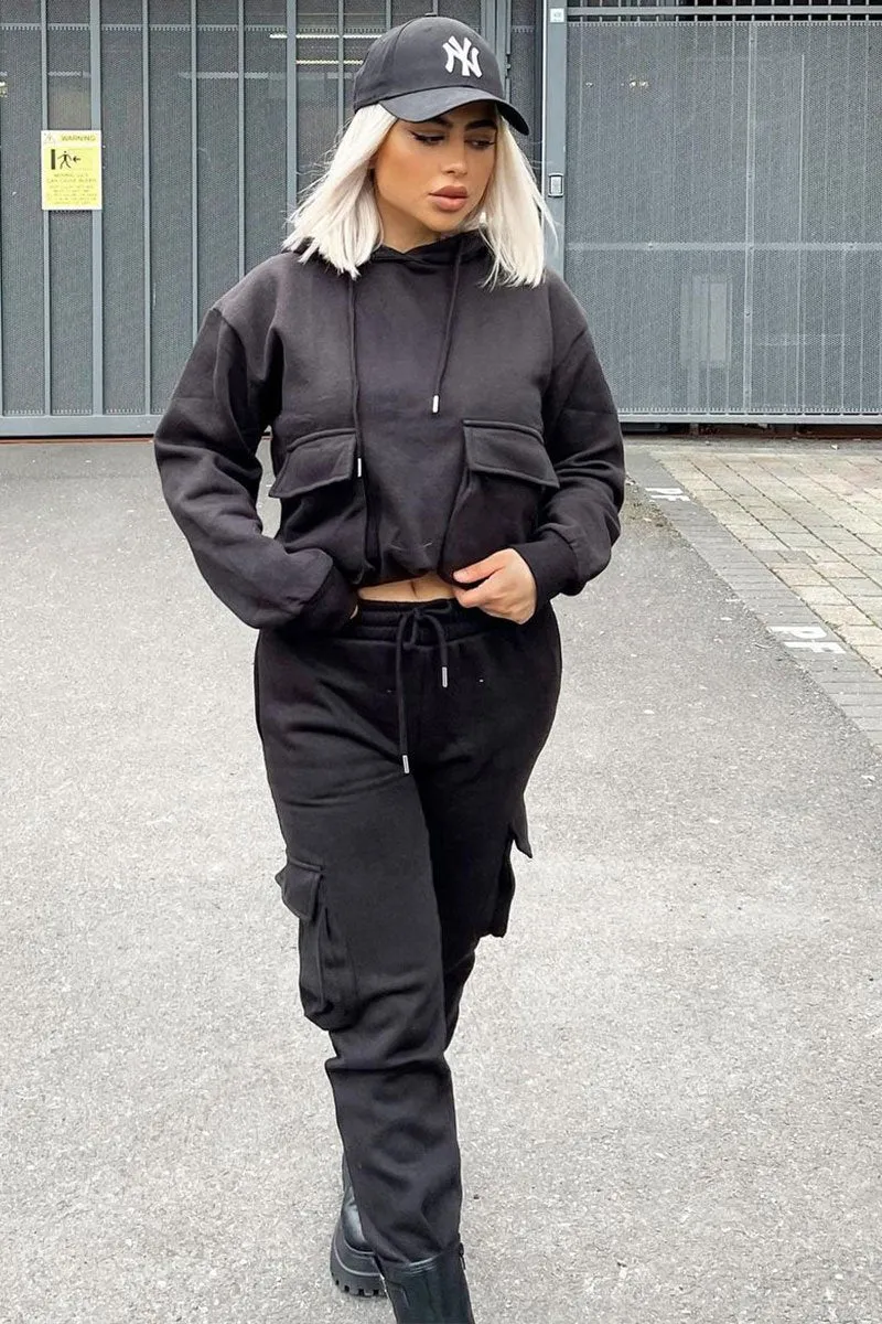 Black Cargo Pocket Hoodie and Joggers Tracksuit - Aafiya