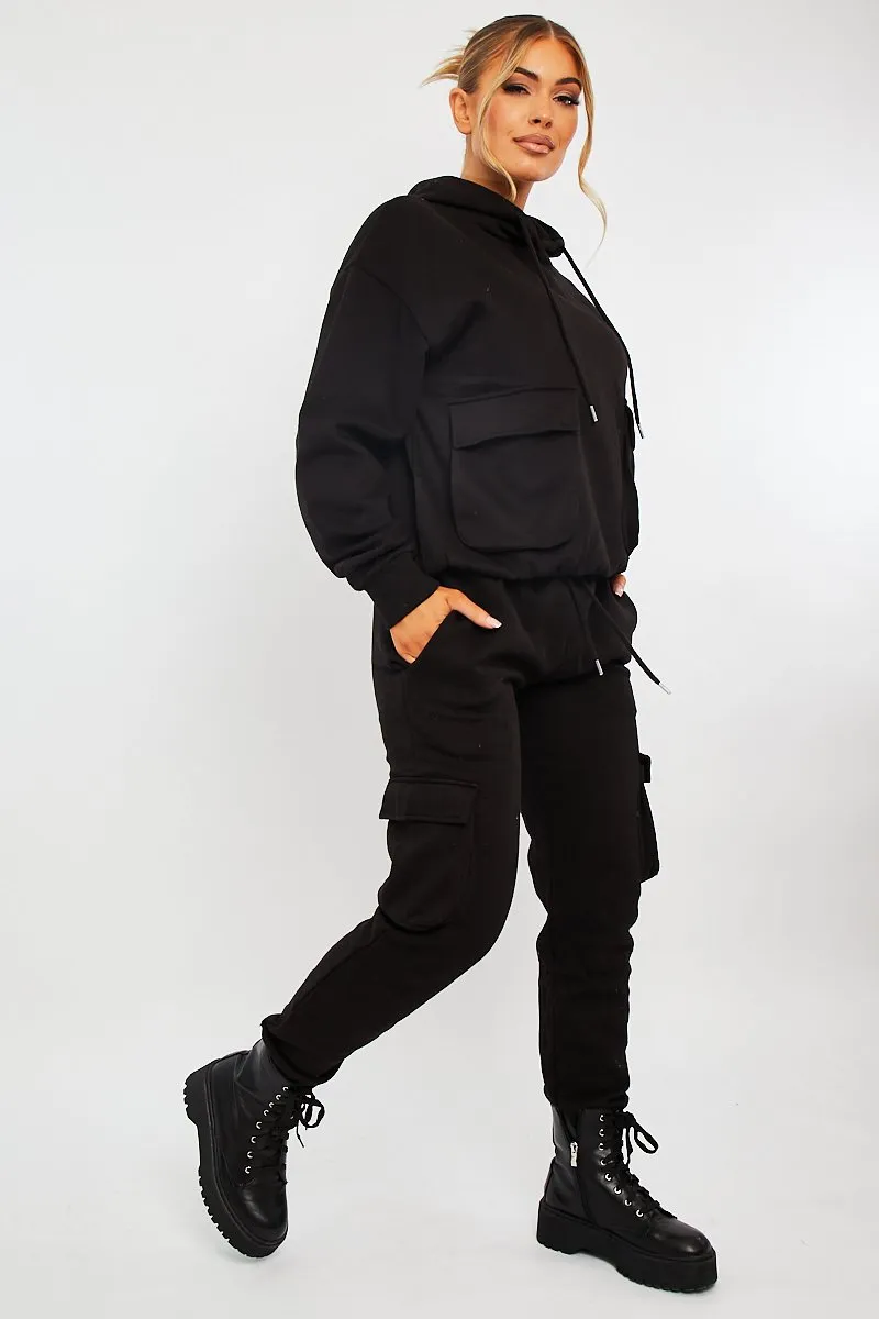 Black Cargo Pocket Hoodie and Joggers Tracksuit - Aafiya