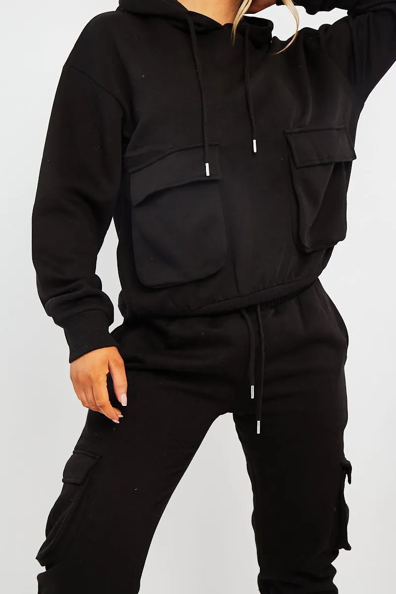 Black Cargo Pocket Hoodie and Joggers Tracksuit - Aafiya