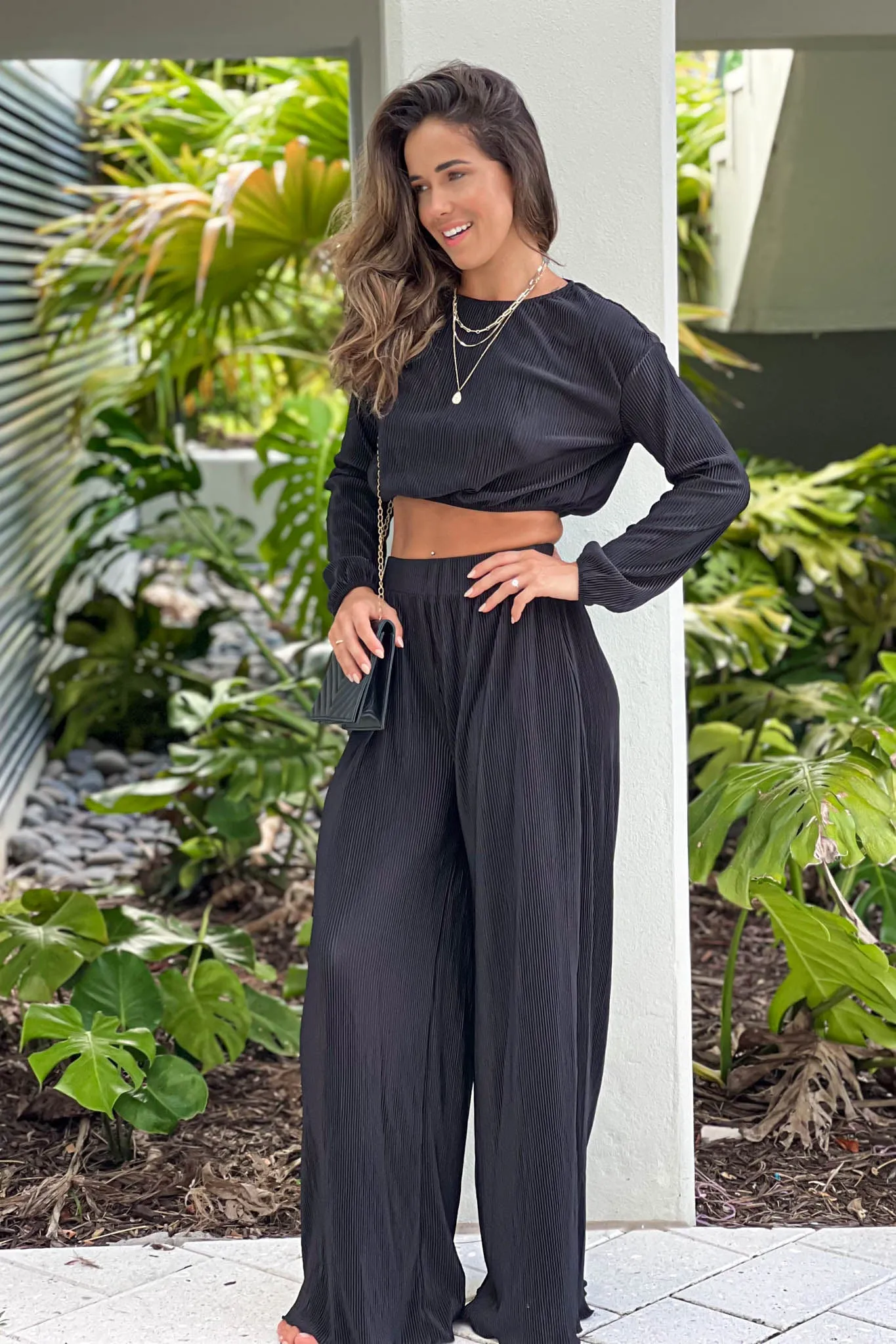 Black Pleated Pants And Top Set