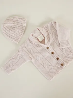 Cable Knit Hat & Cardigan Set | Blush Pink 6-12 Months