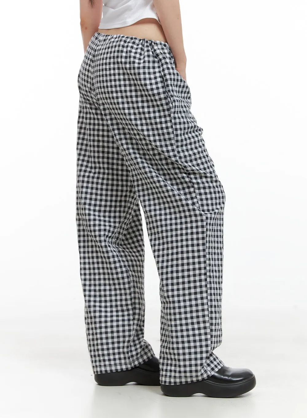 Checkered Banded Cotton Wide Leg Pants CG408