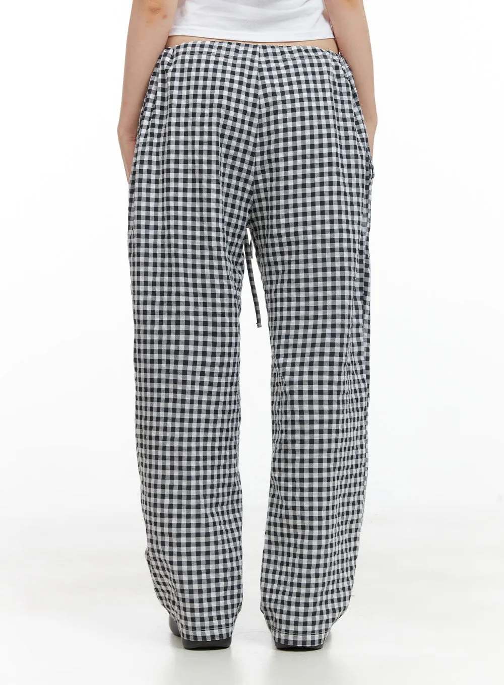 Checkered Banded Cotton Wide Leg Pants CG408