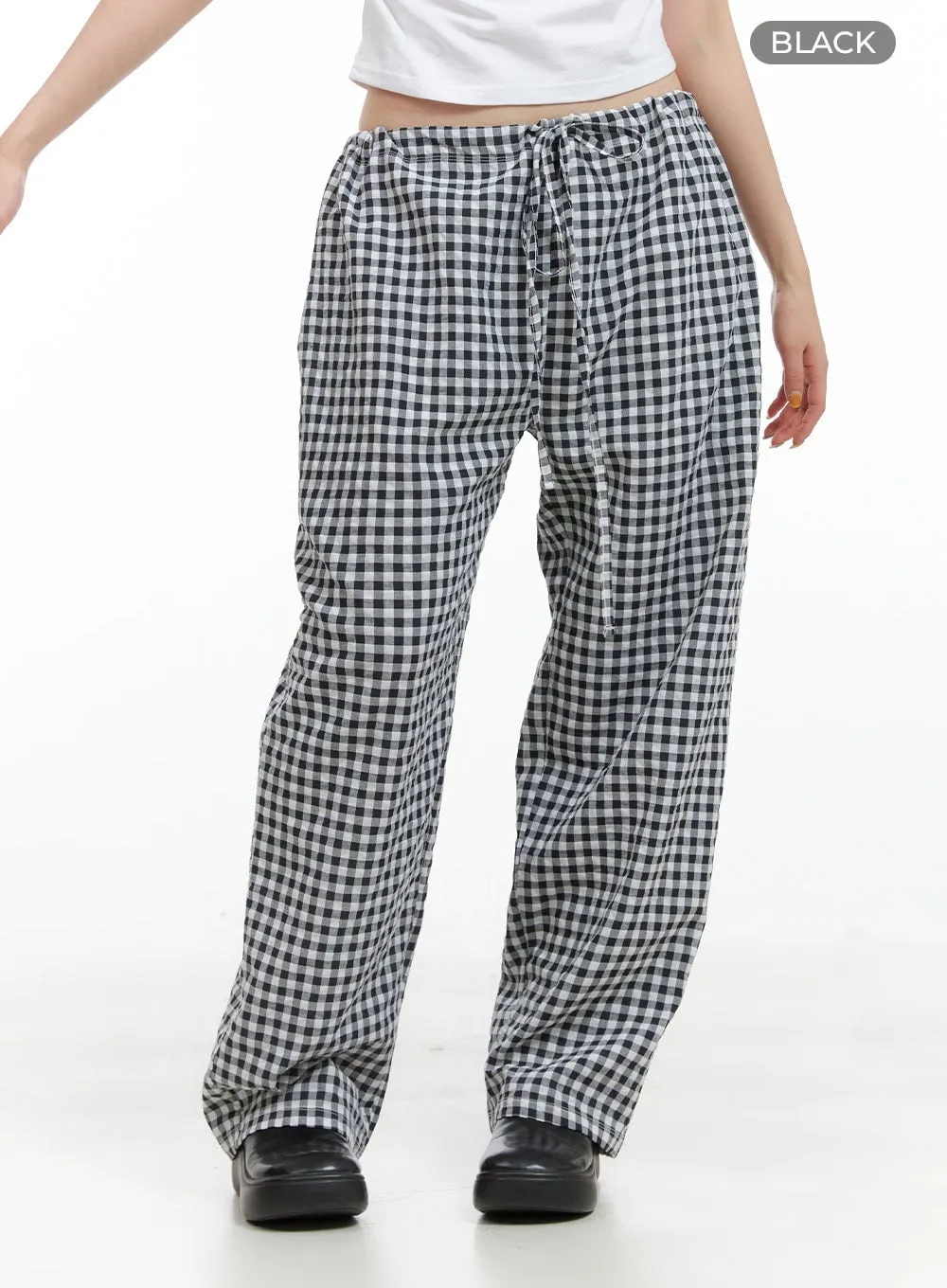 Checkered Banded Cotton Wide Leg Pants CG408