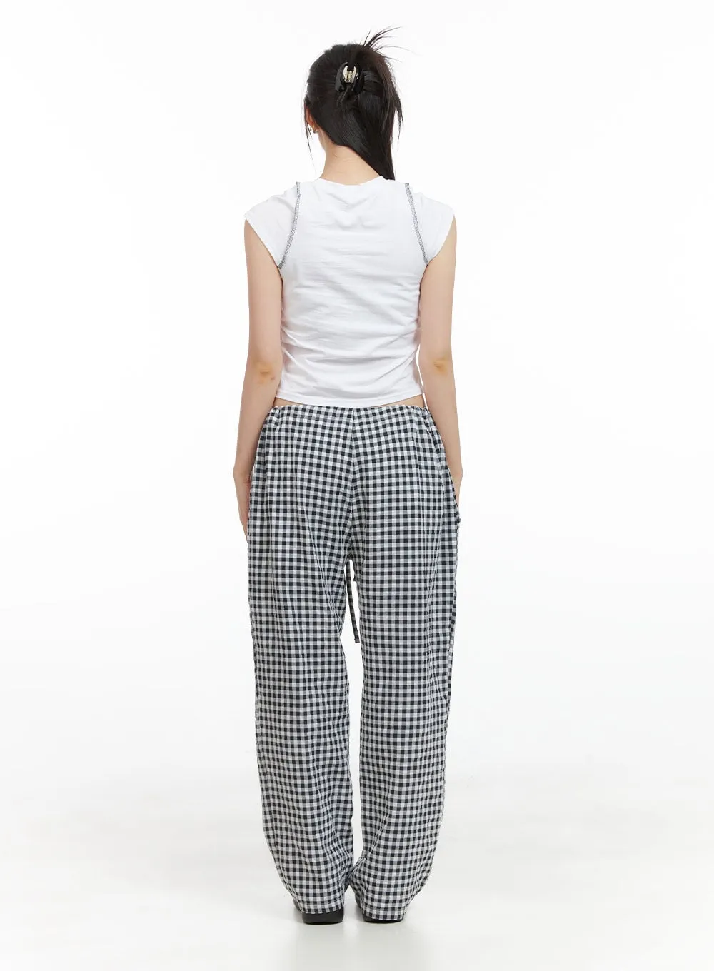 Checkered Banded Cotton Wide Leg Pants CG408