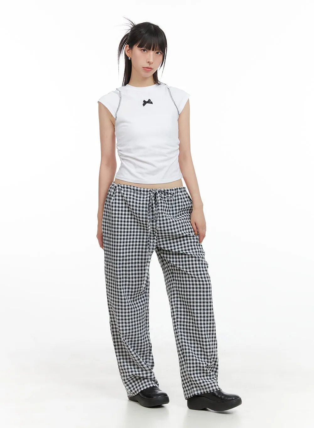 Checkered Banded Cotton Wide Leg Pants CG408