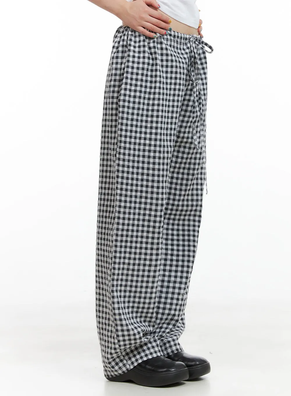 Checkered Banded Cotton Wide Leg Pants CG408