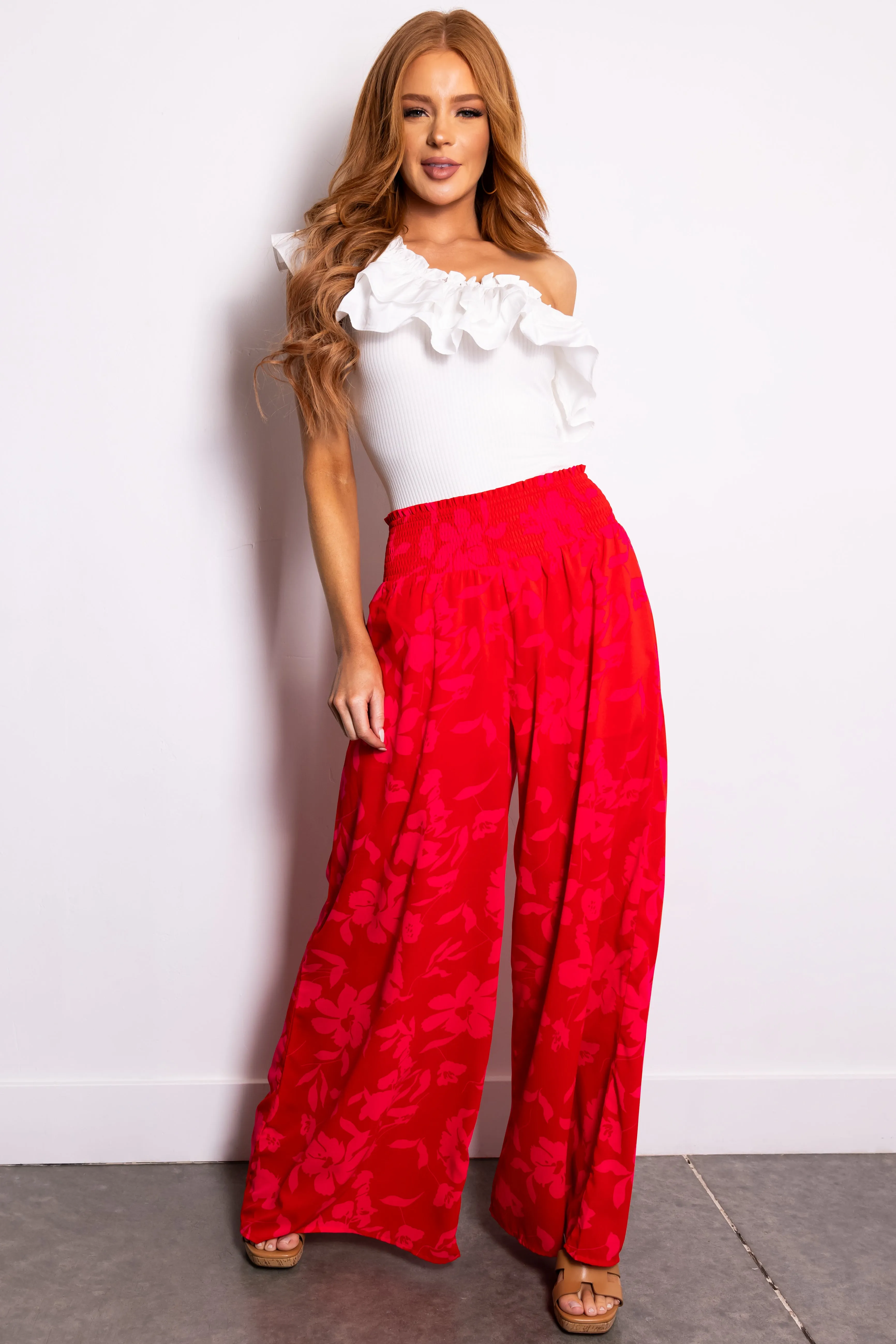 Cherry Floral Print Wide Leg Pants