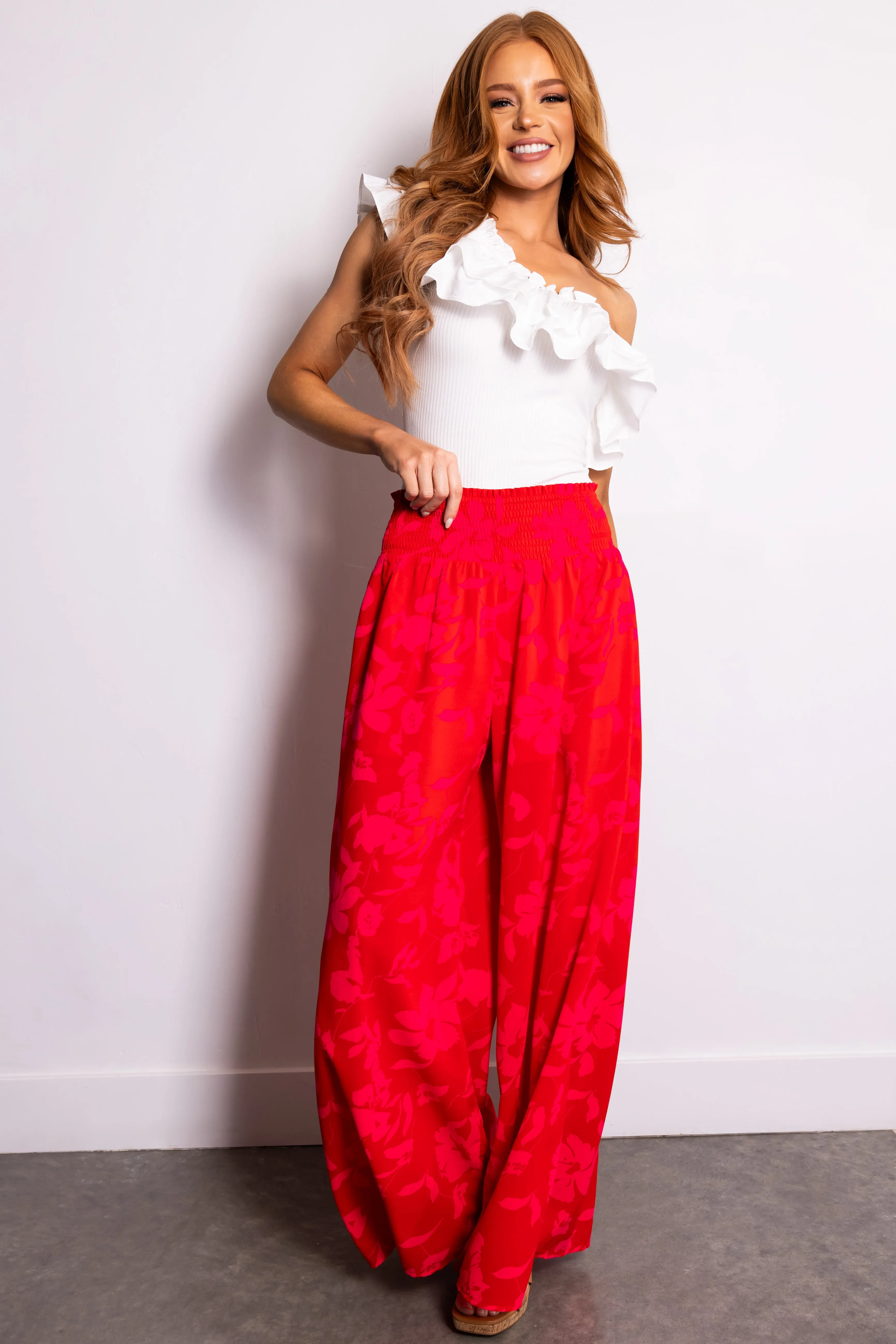 Cherry Floral Print Wide Leg Pants