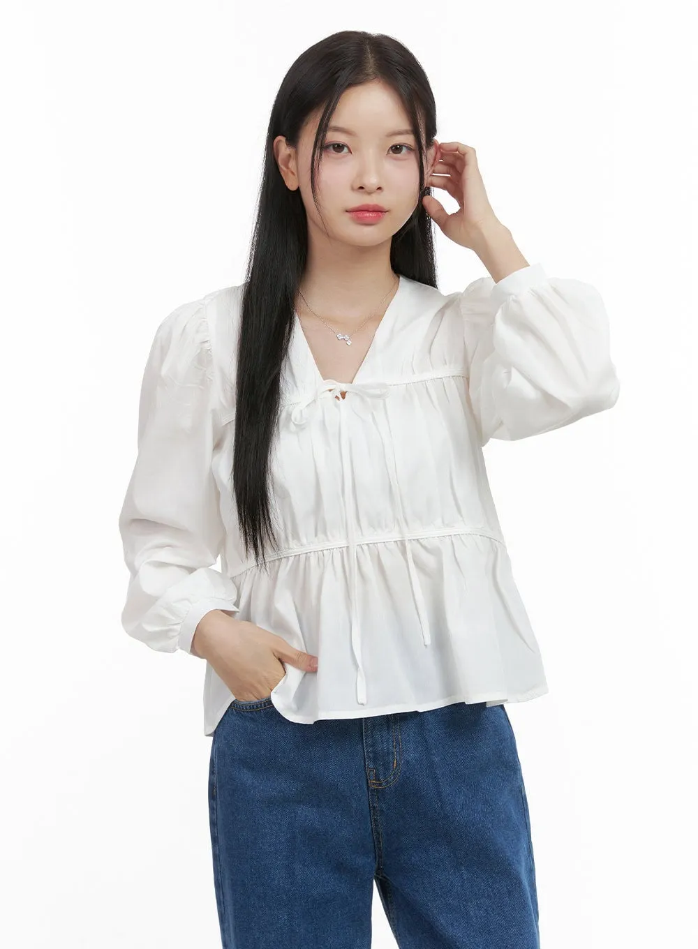 Chic Solid V-Neck Blouse OS411