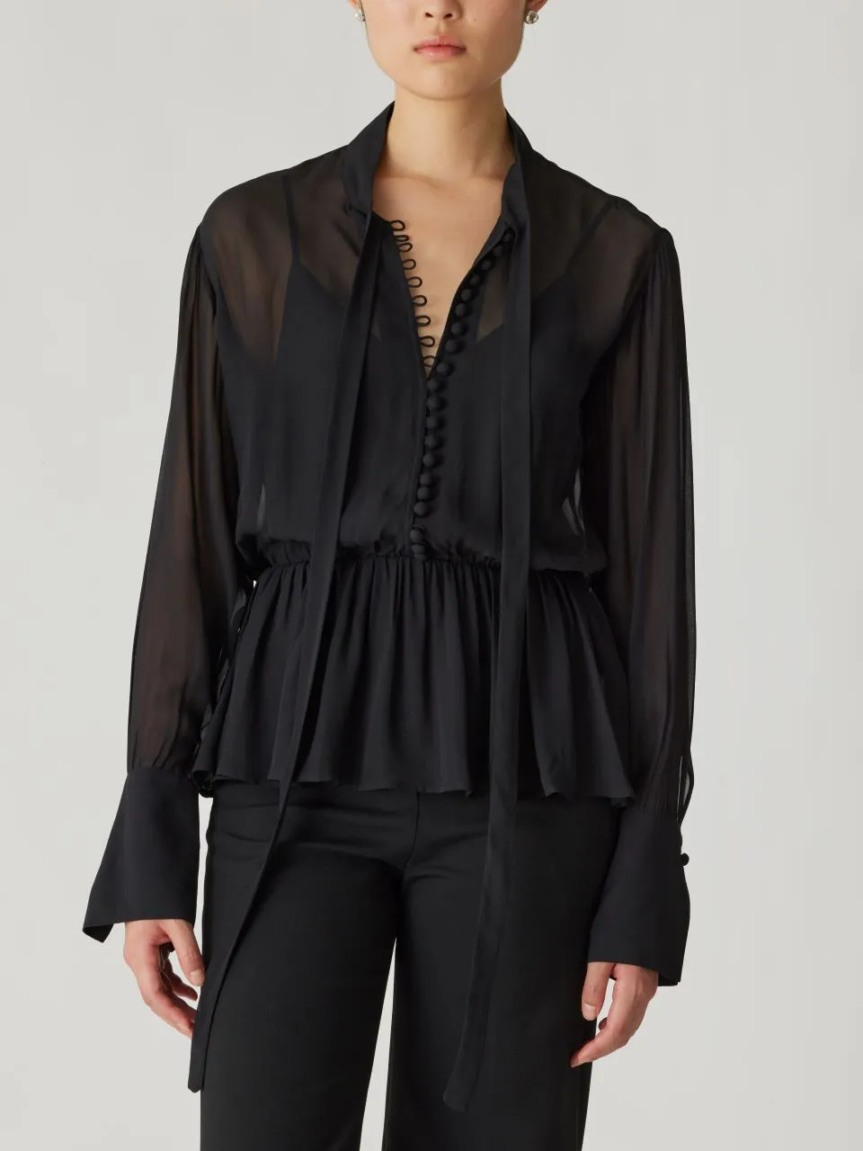 Covered Button Tie Front Blouse