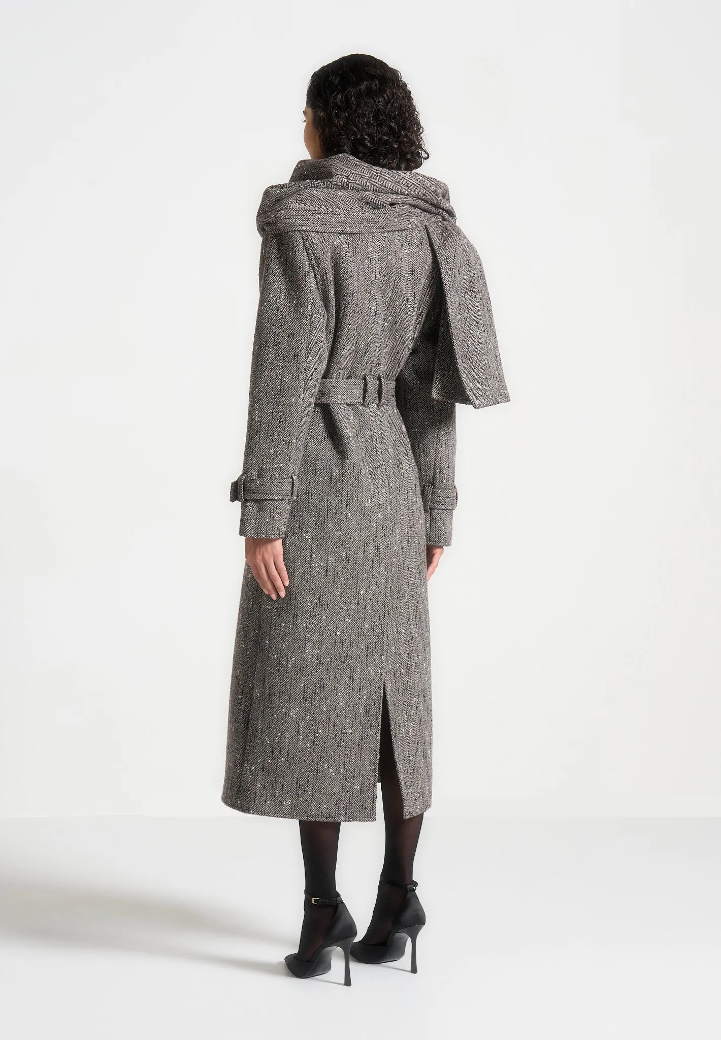 Herringbone Wool Trench Coat with Scarf - Brown