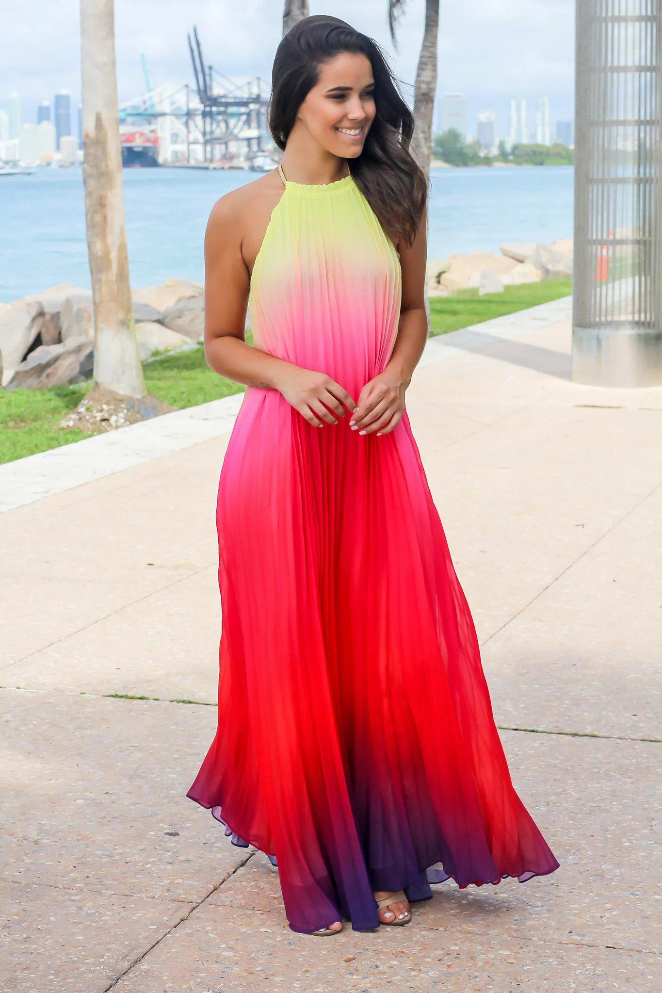 Multi Colored Pleated Maxi Dress