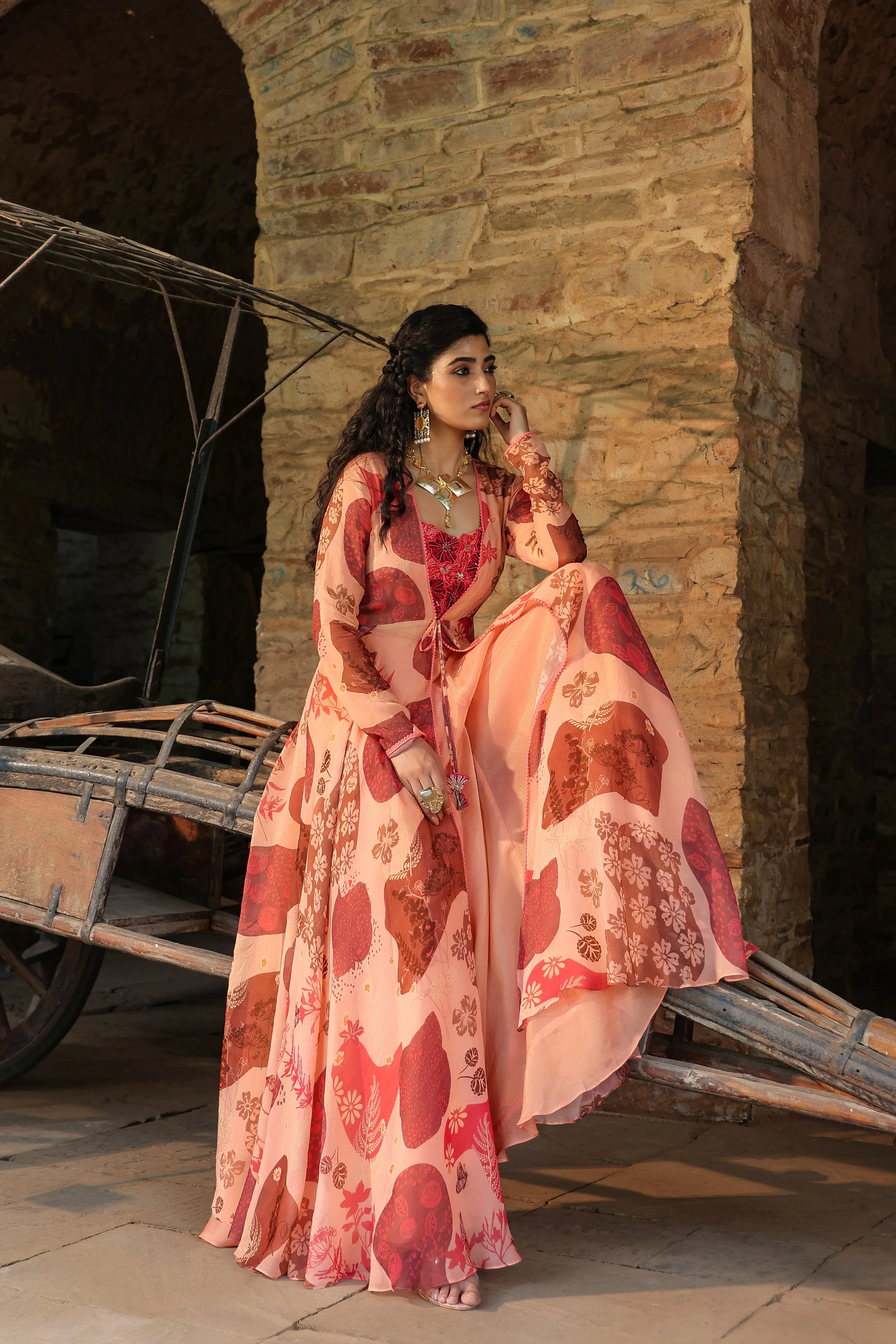 Peach Digital Printed Organza Silk Gown