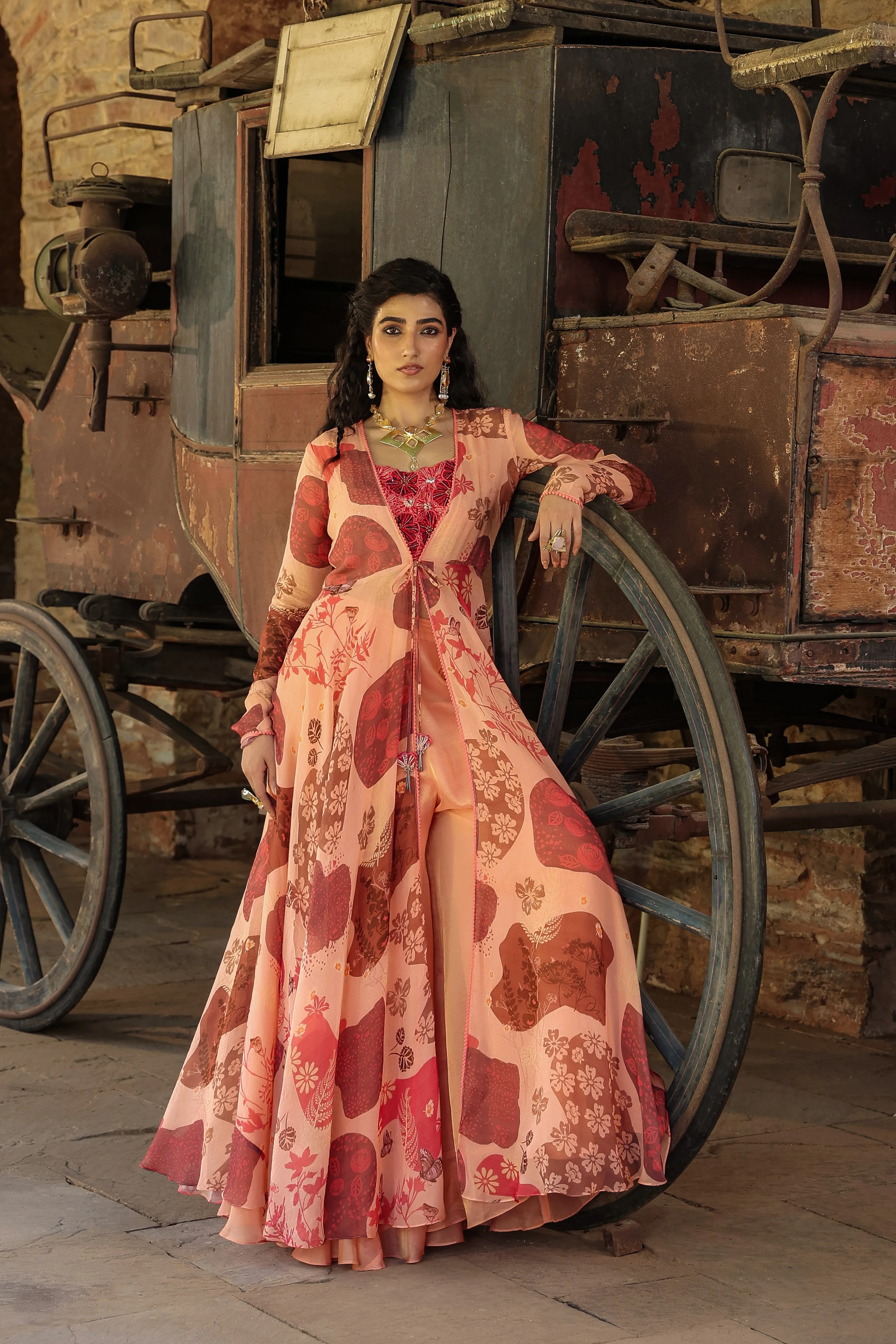 Peach Digital Printed Organza Silk Gown