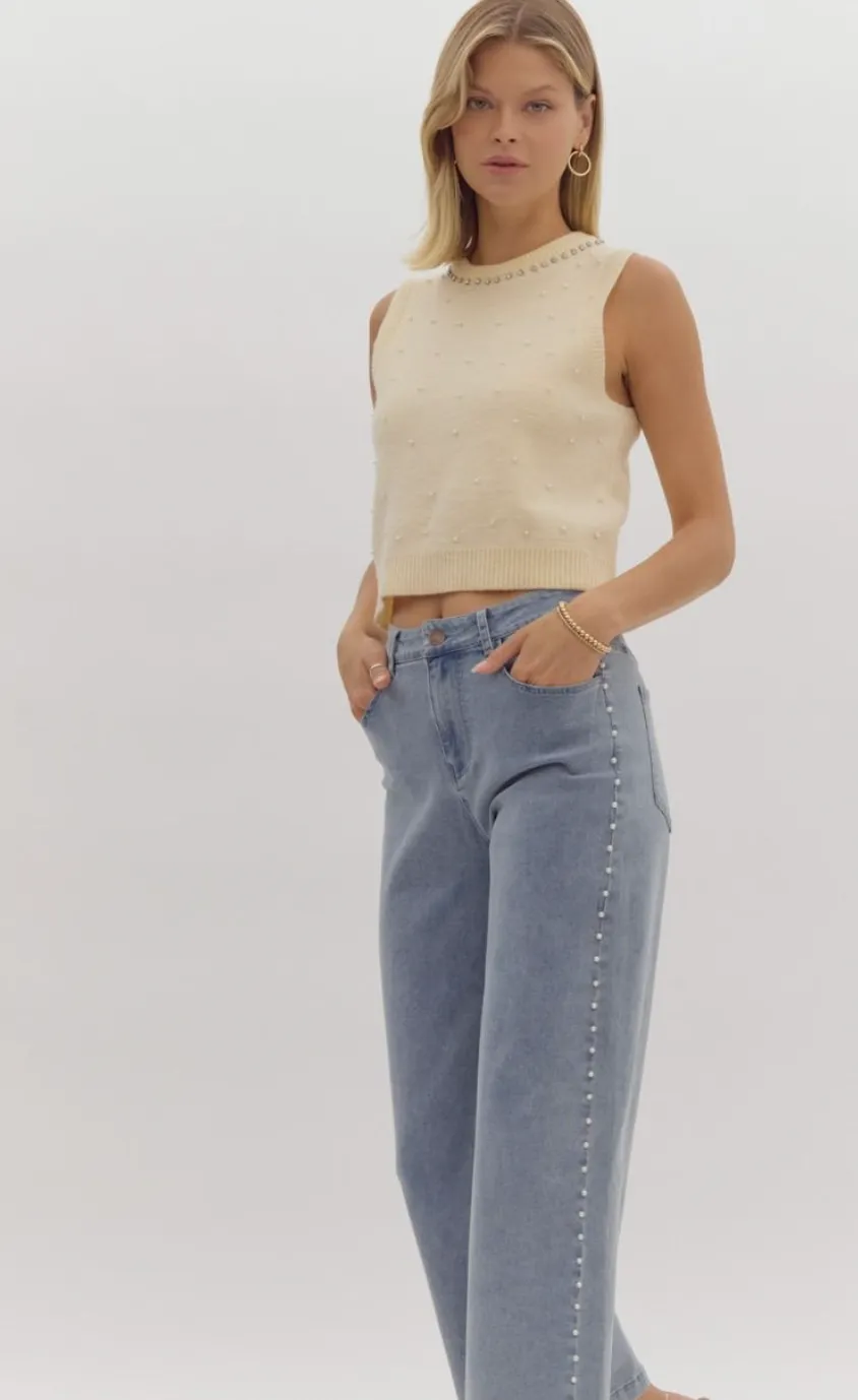 Pearl Detail High Waisted Denim Wide Leg Pants