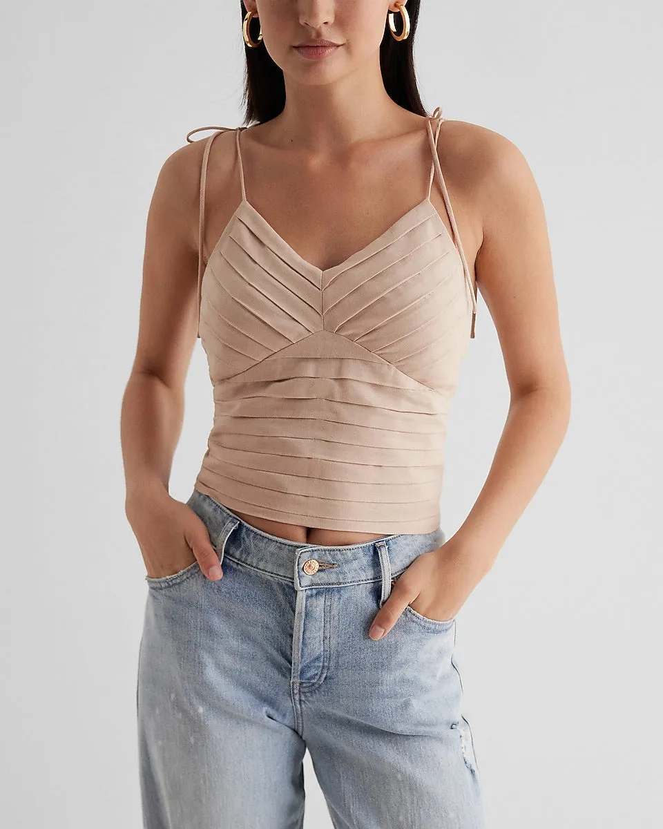 Pleated Linen-Blend Tie Strap Cami in Neutral