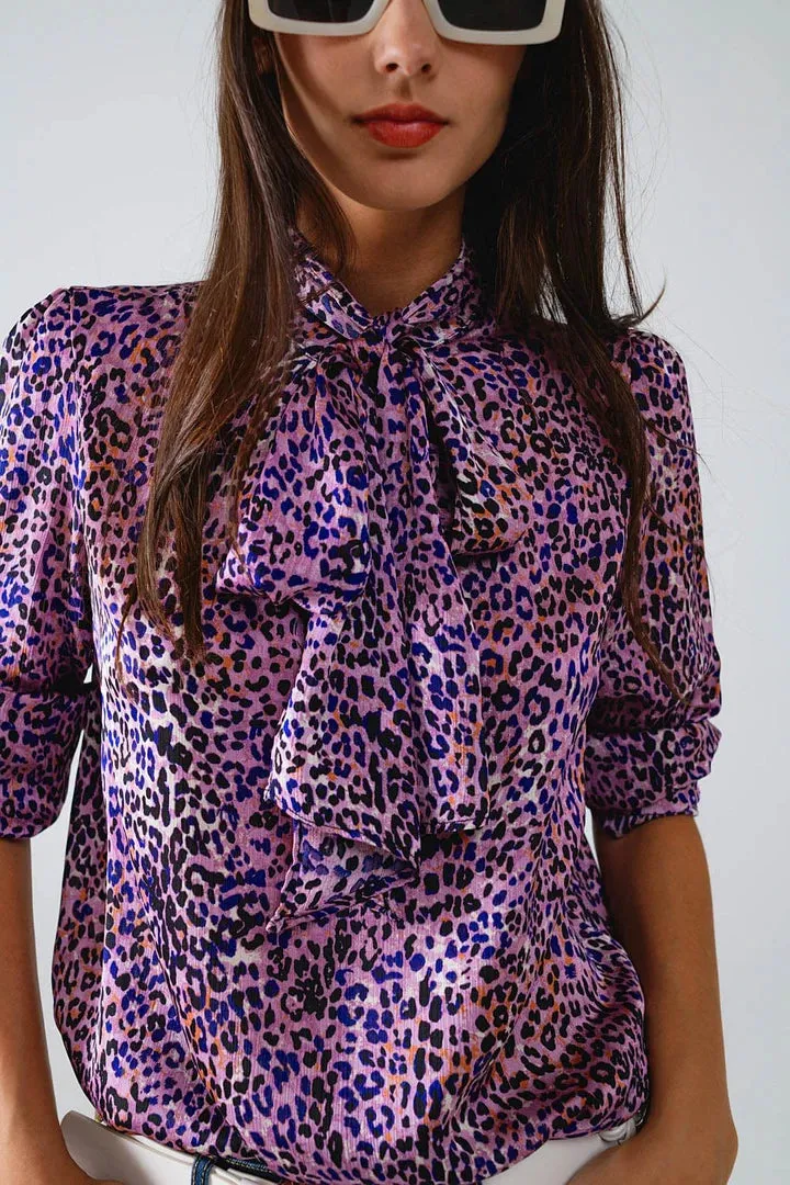 Q2 Tie Neck Animal Print Blouse