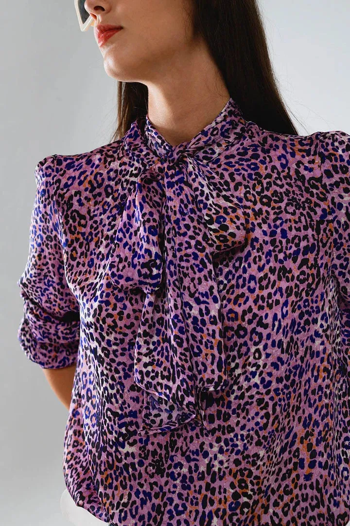 Q2 Tie Neck Animal Print Blouse