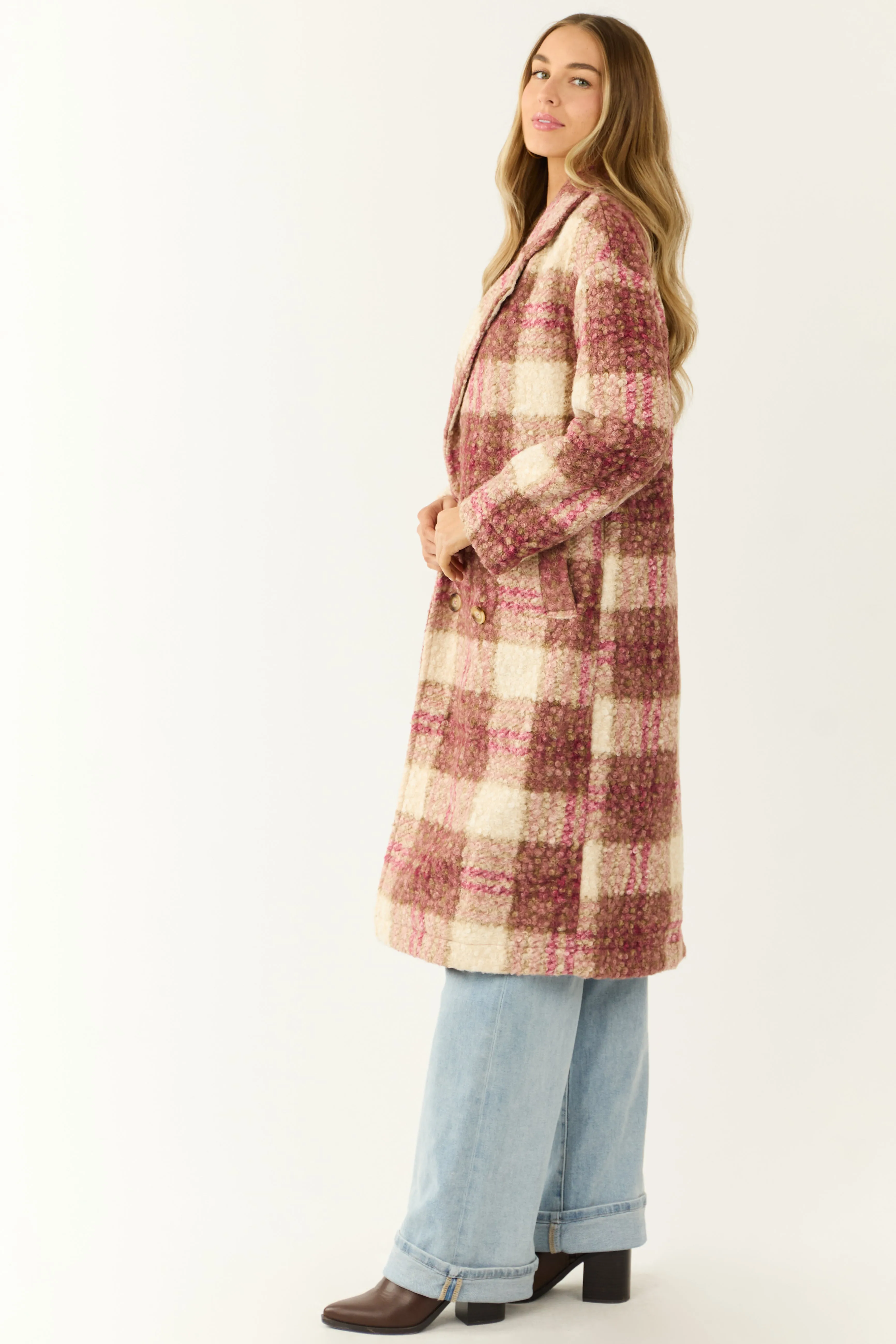 Raspberry Plaid Button Down Textured Trench Coat