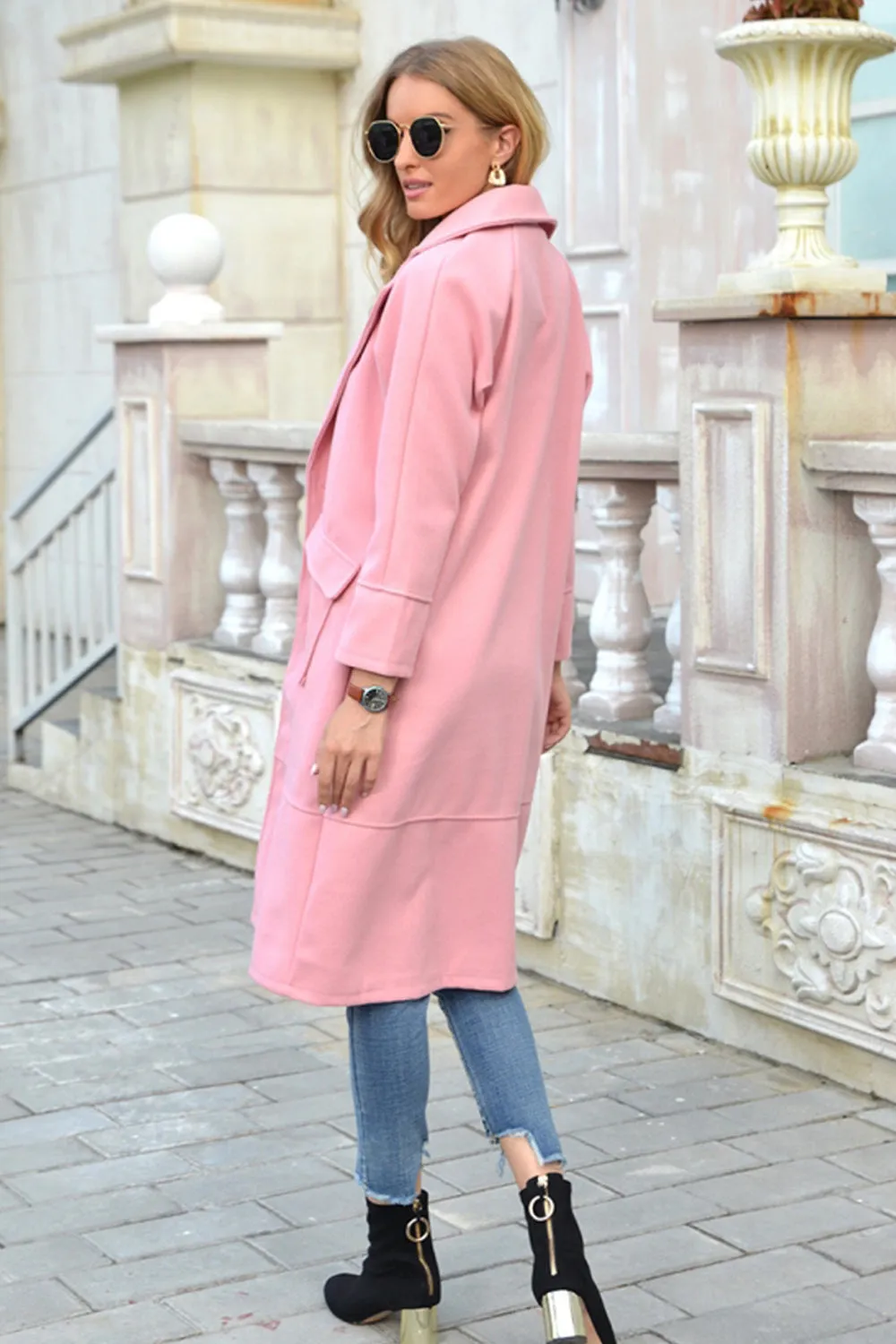 Solid Color Turn-Down Collar Long Woolen Coat