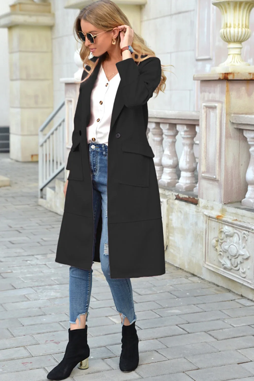 Solid Color Turn-Down Collar Long Woolen Coat