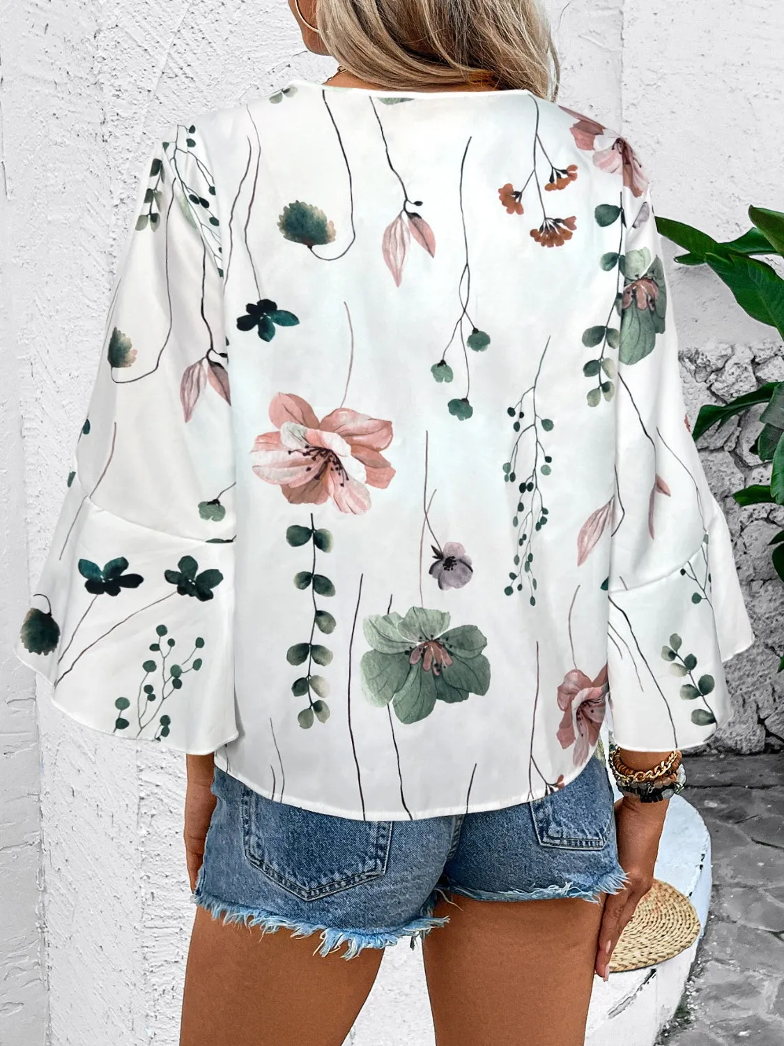 TEEK - Honey Ruffled Printed V-Neck Half Sleeve Blouse