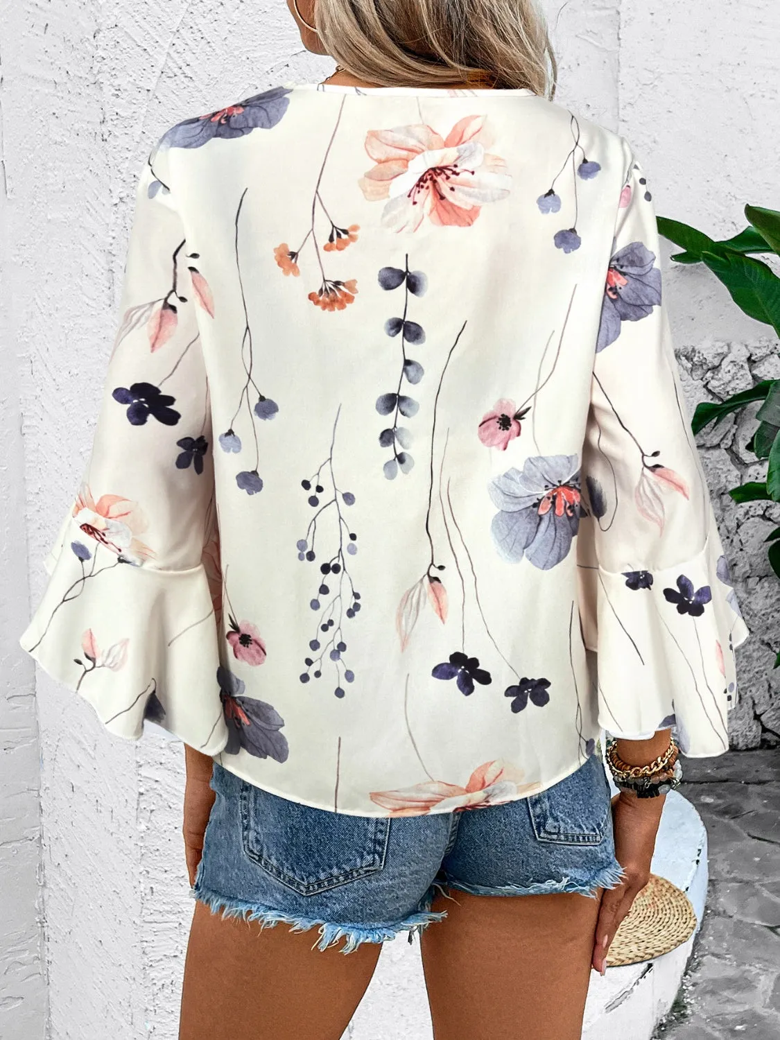 TEEK - Honey Ruffled Printed V-Neck Half Sleeve Blouse