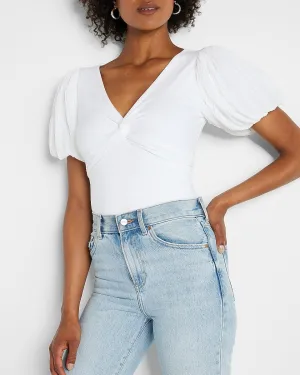 Twist Front Pleated Puff Sleeve Tee in White