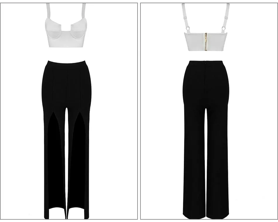 White Crop Top & High Split Wide Leg Pants Two-Piece Set