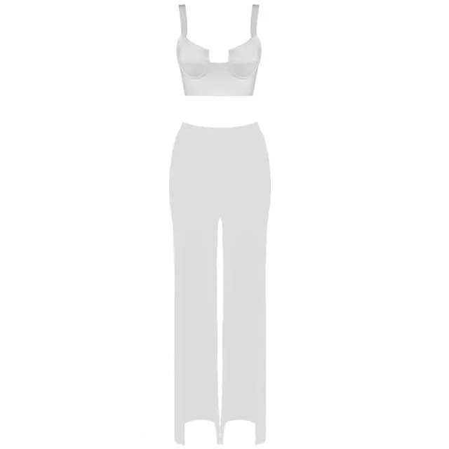 White Crop Top & High Split Wide Leg Pants Two-Piece Set