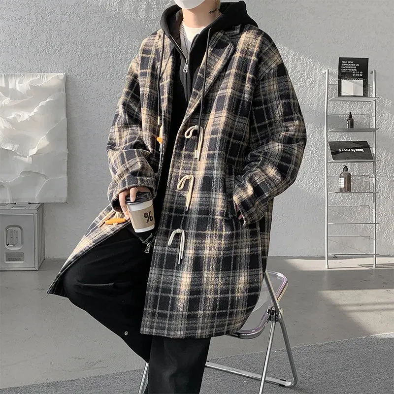 Wiaofellas  -  Autumn Woolen Coat Men Warm Retro Plaid Woolen Coat Men Streetwear Korean Loose Long Woolen Coat Mens Oversized Overcoat M-4XL