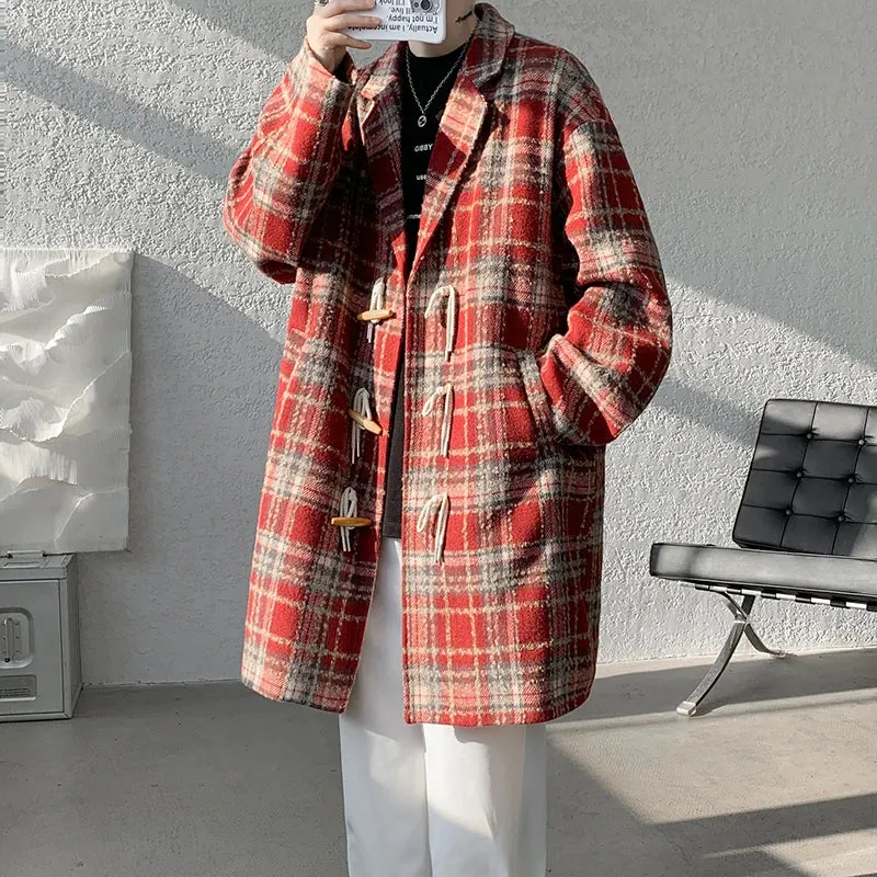 Wiaofellas  -  Autumn Woolen Coat Men Warm Retro Plaid Woolen Coat Men Streetwear Korean Loose Long Woolen Coat Mens Oversized Overcoat M-4XL