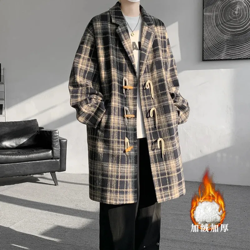 Wiaofellas  -  Autumn Woolen Coat Men Warm Retro Plaid Woolen Coat Men Streetwear Korean Loose Long Woolen Coat Mens Oversized Overcoat M-4XL