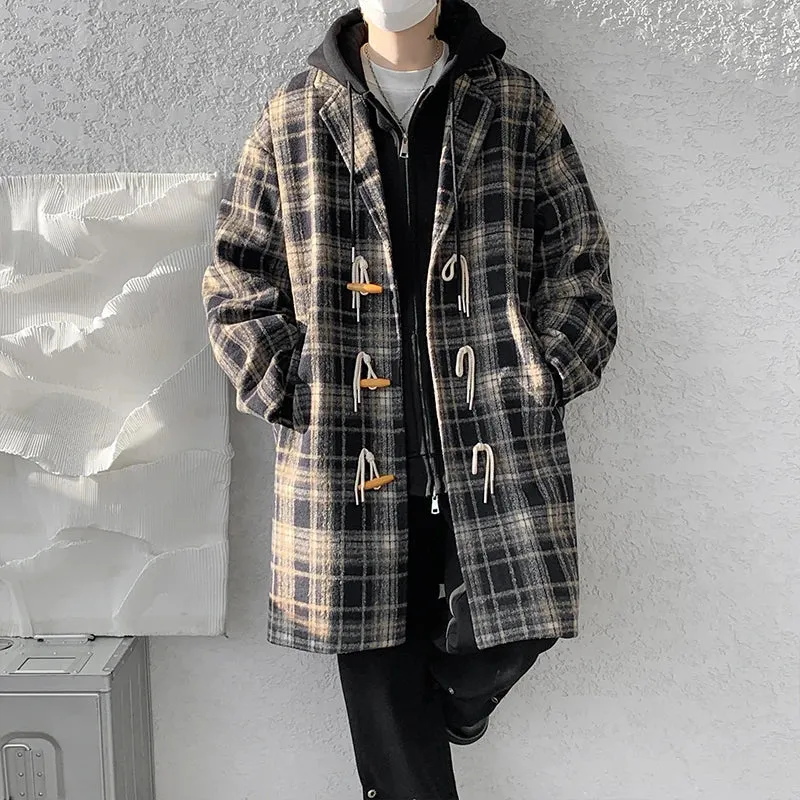 Wiaofellas  -  Autumn Woolen Coat Men Warm Retro Plaid Woolen Coat Men Streetwear Korean Loose Long Woolen Coat Mens Oversized Overcoat M-4XL