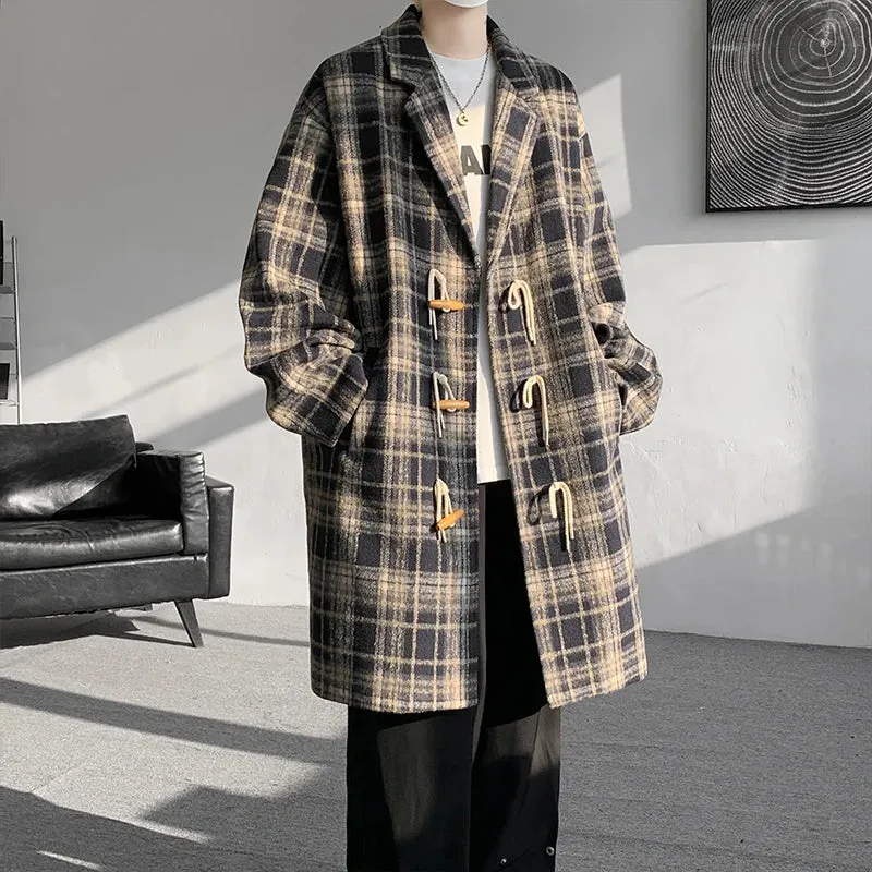 Wiaofellas  -  Autumn Woolen Coat Men Warm Retro Plaid Woolen Coat Men Streetwear Korean Loose Long Woolen Coat Mens Oversized Overcoat M-4XL