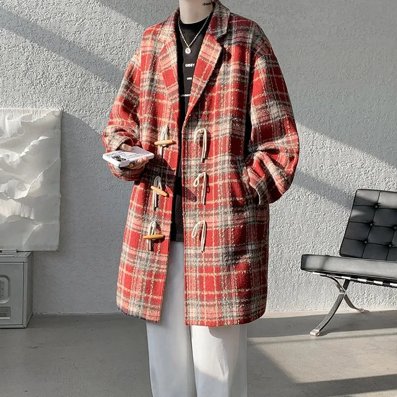 Wiaofellas  -  Autumn Woolen Coat Men Warm Retro Plaid Woolen Coat Men Streetwear Korean Loose Long Woolen Coat Mens Oversized Overcoat M-4XL