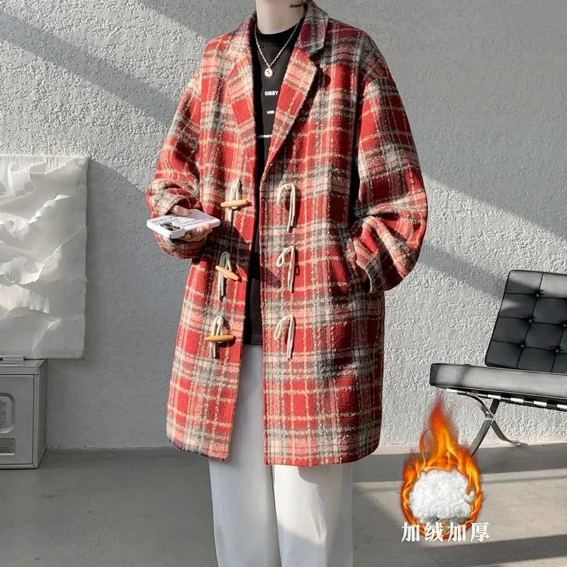 Wiaofellas  -  Autumn Woolen Coat Men Warm Retro Plaid Woolen Coat Men Streetwear Korean Loose Long Woolen Coat Mens Oversized Overcoat M-4XL