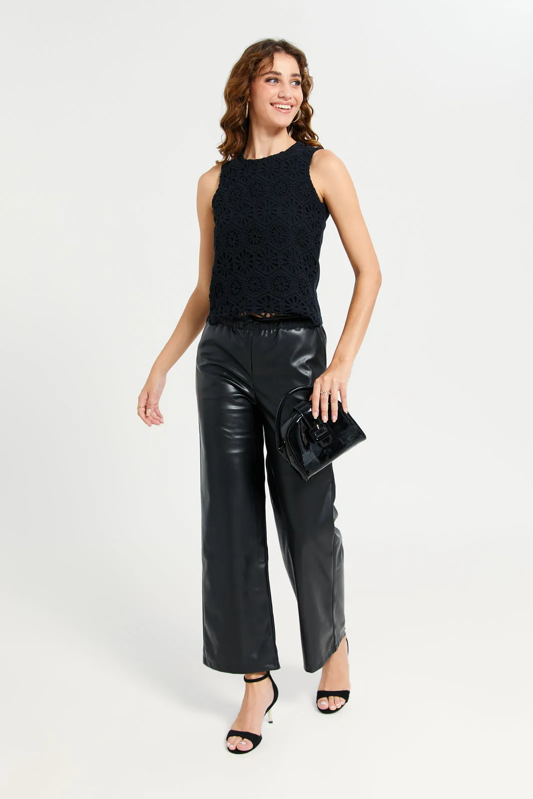 Women Black Leather Wide Leg  Pants