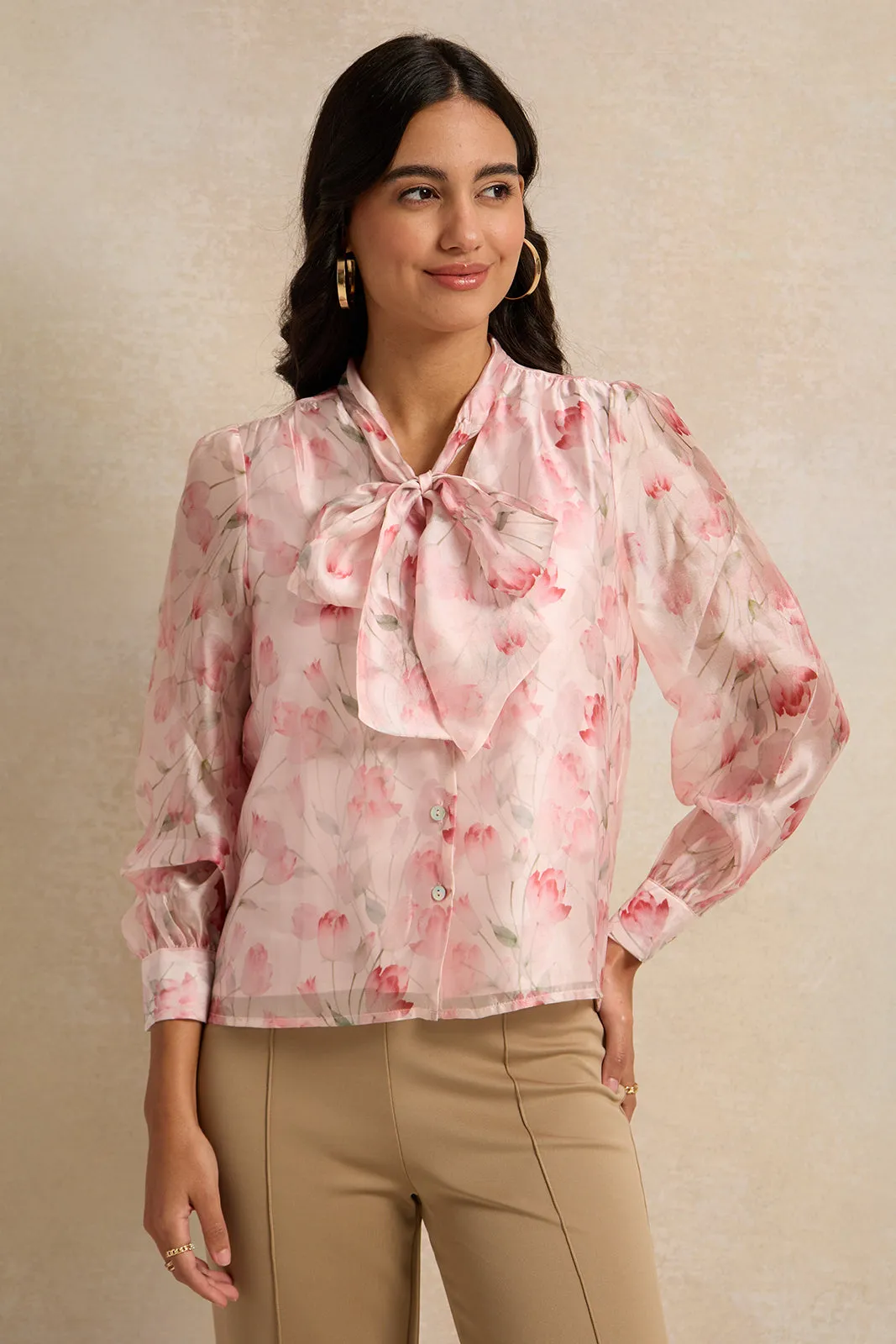 Women Pink Printed Tie Up Neck Blouse