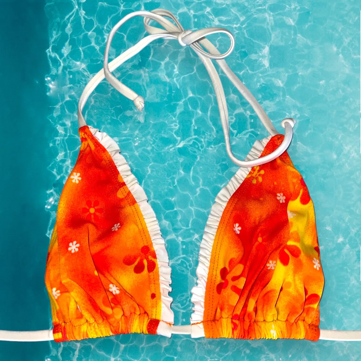 Y2K Ruffle Trim Slide Padded Bikini Halter Retro Swimsuit Top | Orange Crush